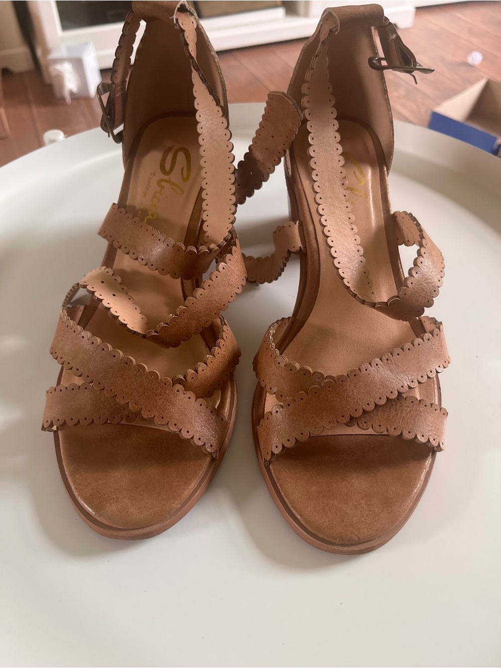Sole Society Brown Scalloped Strap Wedge Sandals